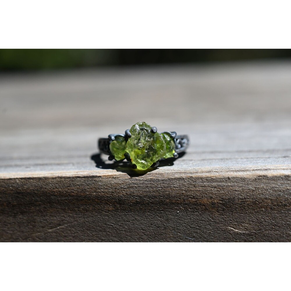 Triple Raw Peridot Engagement Ring Rough Peridot Wedding Band Uncut Peridot Enga